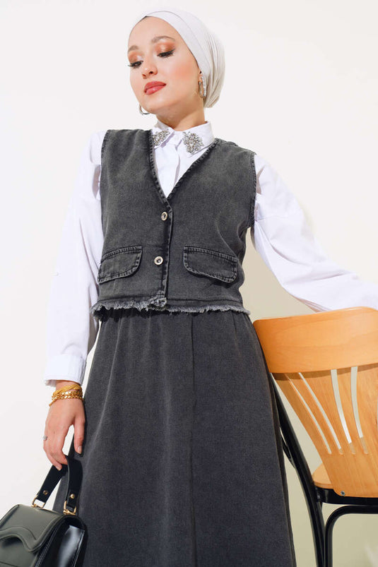 Püsküllü Kot Yelek Takım Füme