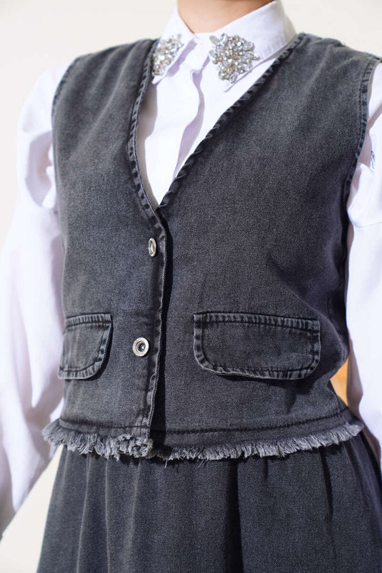 Püsküllü Kot Yelek Takım Füme