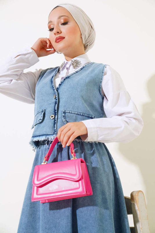 Püsküllü Kot Yelek Takım Kot Mavisi