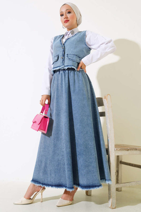 Püsküllü Kot Yelek Takım Kot Mavisi