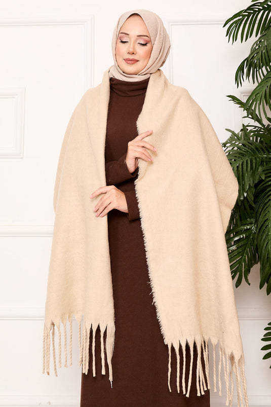 Châle à pompons beige