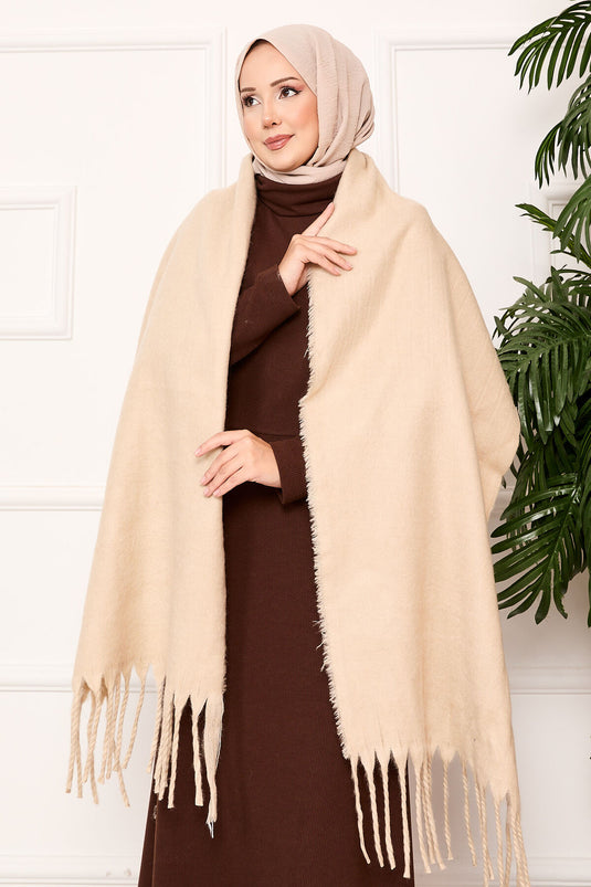 Châle à pompons beige