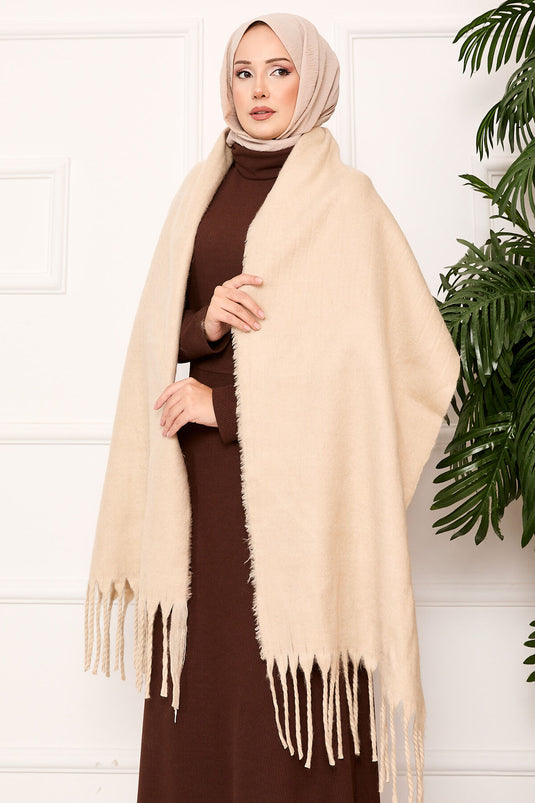Châle à pompons beige