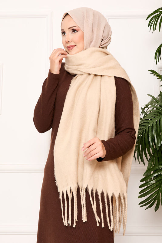 Châle à pompons beige