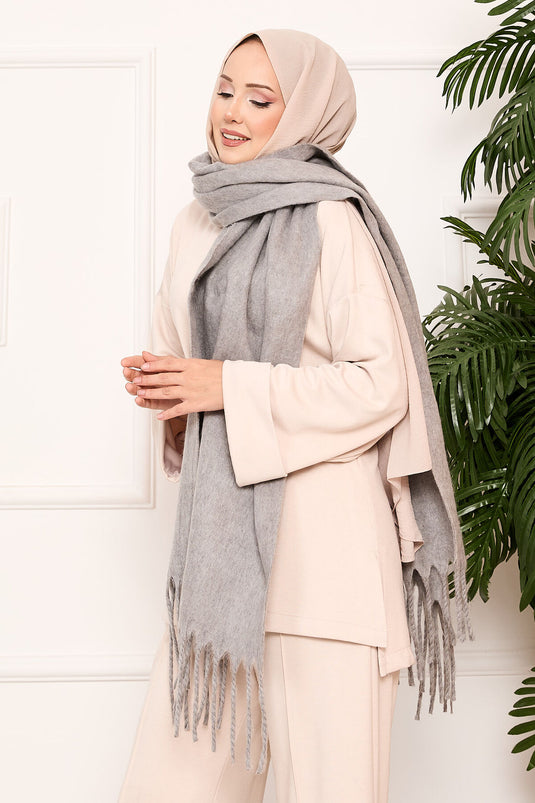 Püsküllü Omuz Şalı Gri