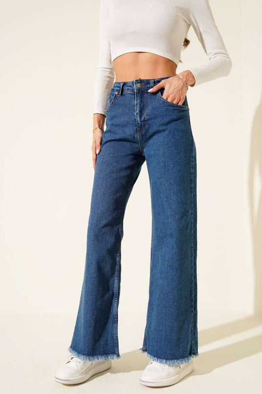 Pantalon en denim à ourlet frangé bleu moyen