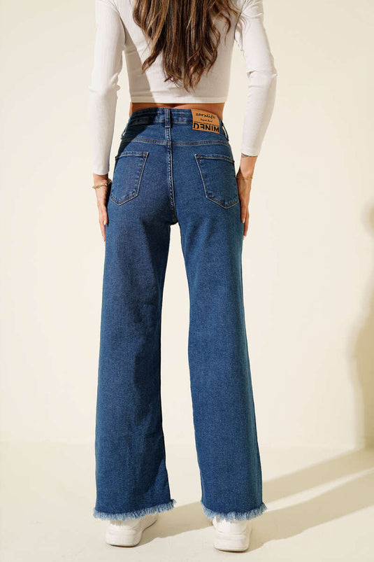 Pantalon en denim à ourlet frangé bleu moyen