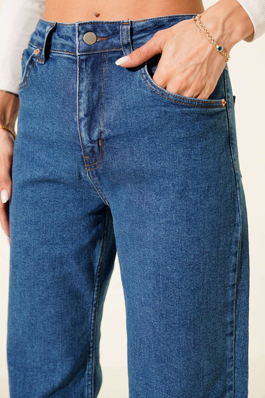 Püsküllü Paça Kot Pantolon Orta Mavi