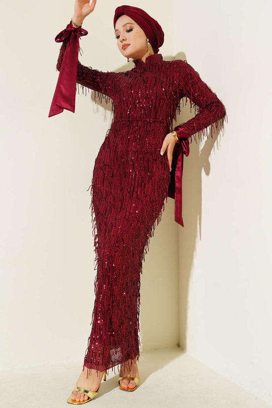 Burgundy Fringed Beaded Sequined Evening Dress