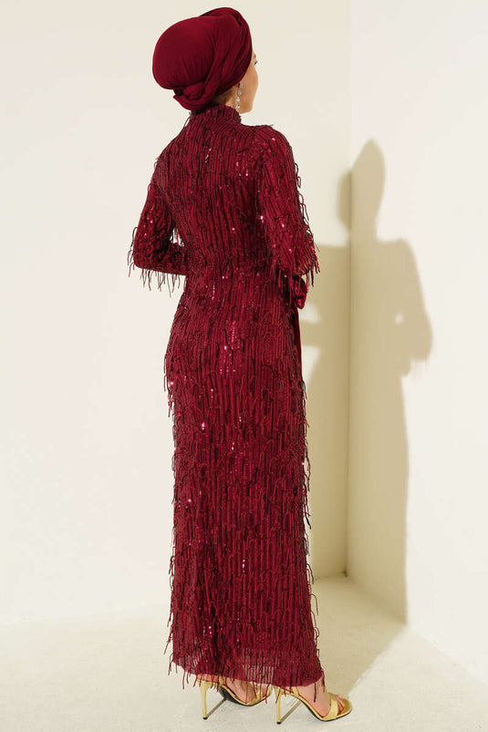 Burgundy Fringed Beaded Sequined Evening Dress