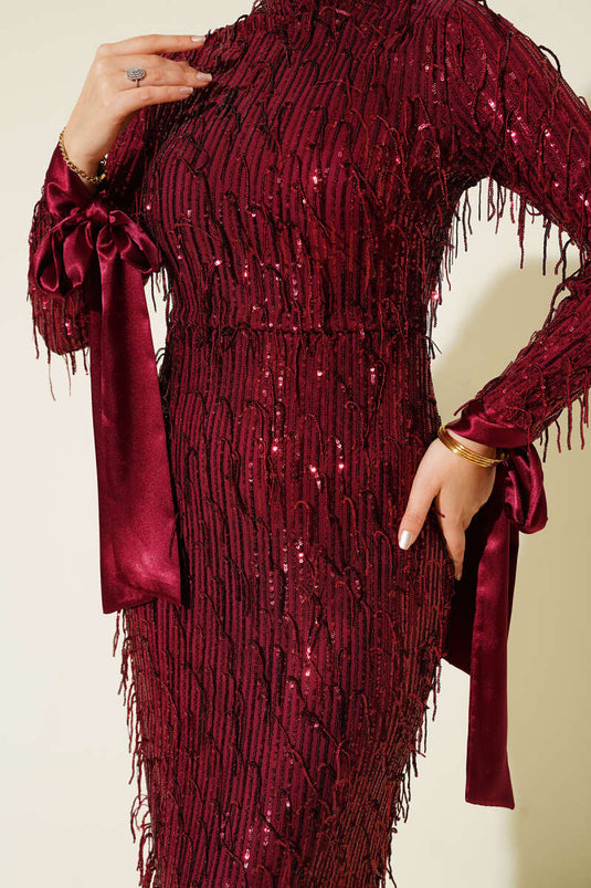 Burgundy Fringed Beaded Sequined Evening Dress
