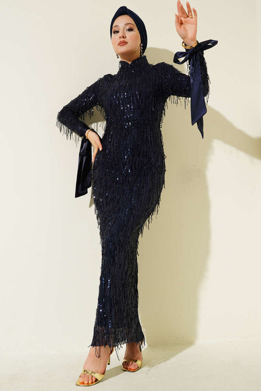 Navy Blue Tasselled, Beaded, Sequined Evening Gown
