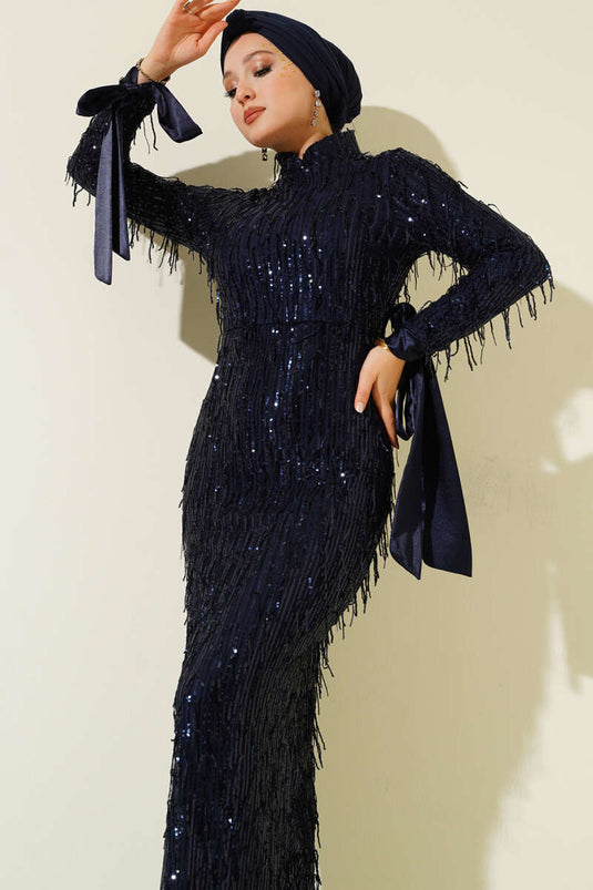 Navy Blue Tasselled, Beaded, Sequined Evening Gown