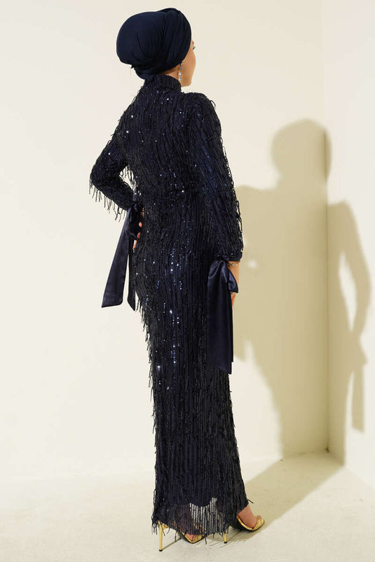 Navy Blue Tasselled, Beaded, Sequined Evening Gown
