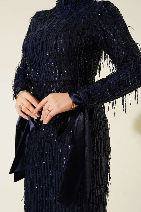 Navy Blue Tasselled, Beaded, Sequined Evening Gown