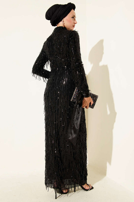 Püsküllü Pul Payet Abiye Elbise Siyah