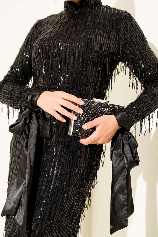 Püsküllü Pul Payet Abiye Elbise Siyah