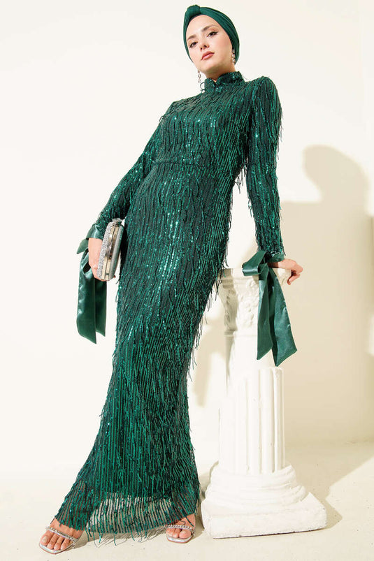 Abendkleid mit Quaste und Pailletten in Smaragdgrün