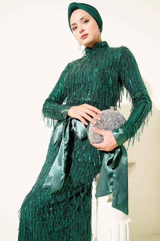 Abendkleid mit Quaste und Pailletten in Smaragdgrün