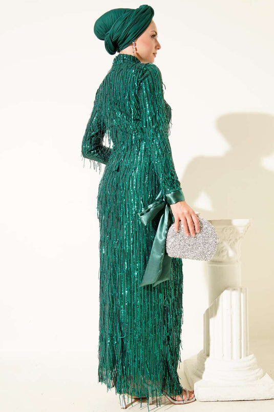Abendkleid mit Quaste und Pailletten in Smaragdgrün
