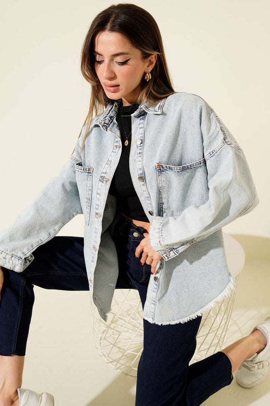 Püsküllü Salaş Kot Ceket Açık Kar