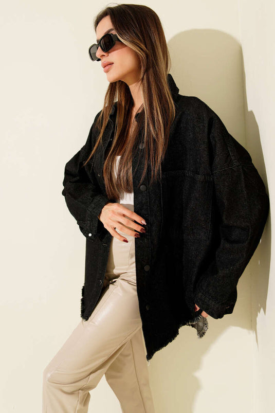 Püsküllü Salaş Kot Ceket Siyah