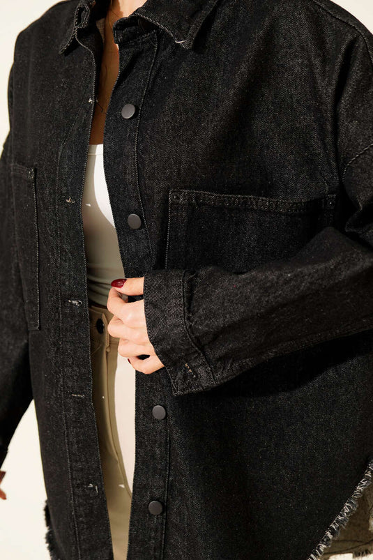 Püsküllü Salaş Kot Ceket Siyah