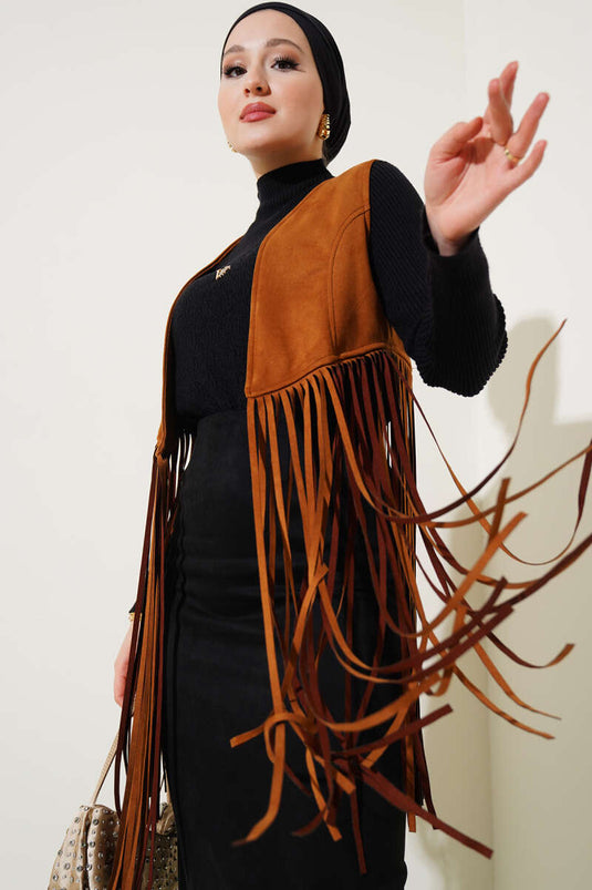 Wildlederweste mit Quasten, Hellbraun