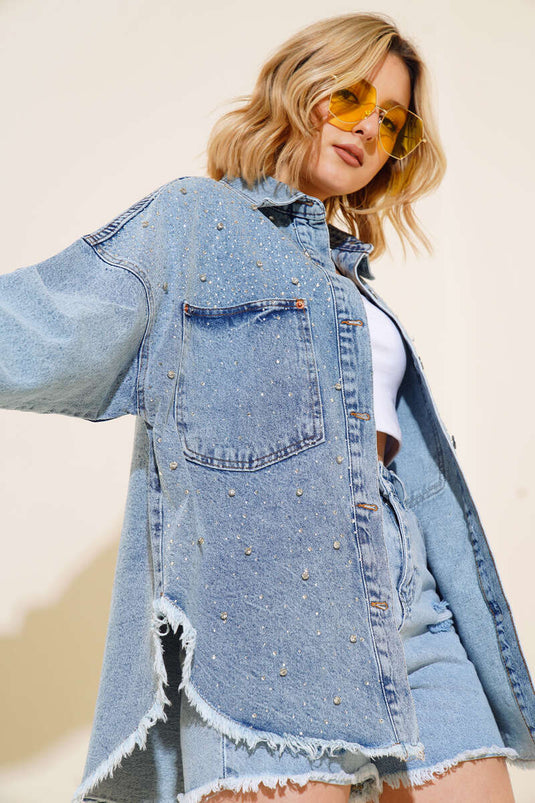 Jeansjacke mit Quasten und Strasssteinen, Snow Wash