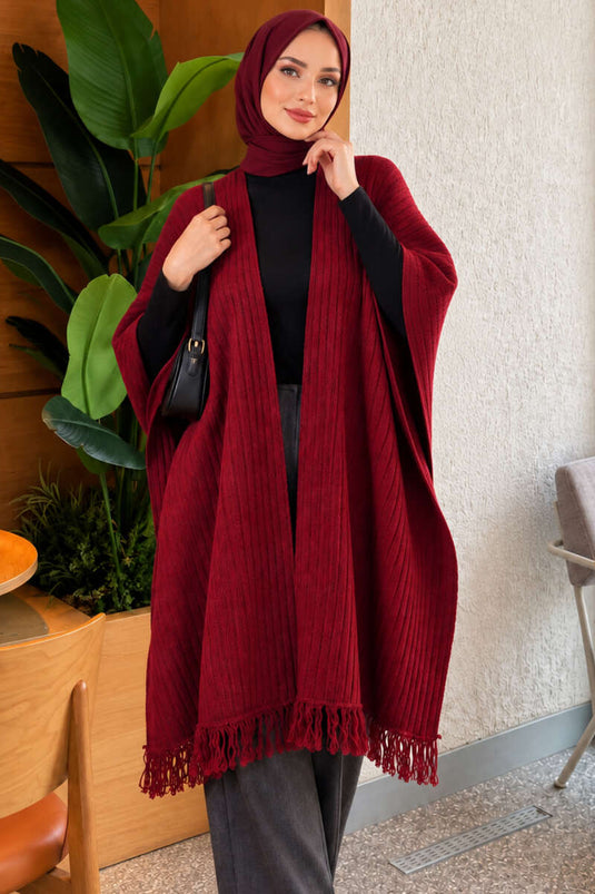 Sciarpa A Spalle Con Frange In Maglia Bordeaux