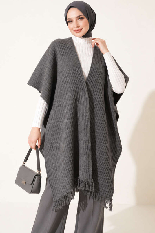 Fringed Knit Shoulder Shawl Smoke Grey
