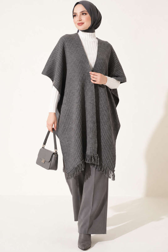 Fringed Knit Shoulder Shawl Smoke Grey