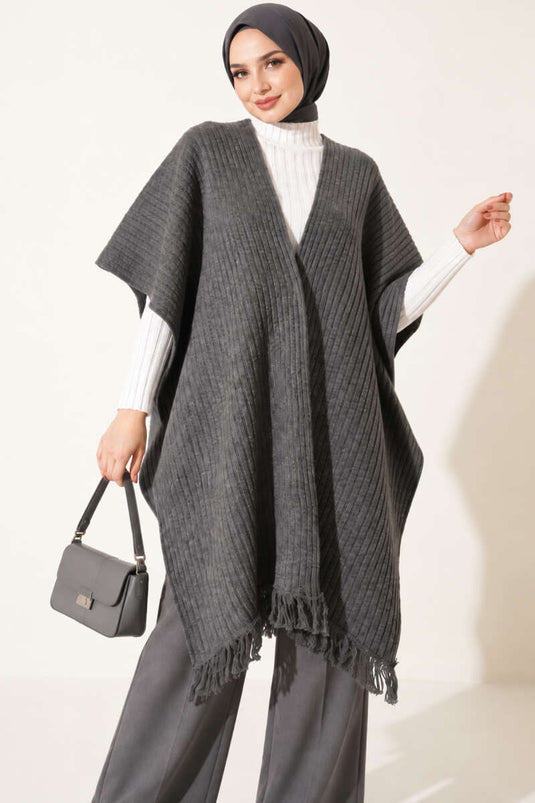Fringed Knit Shoulder Shawl Smoke Grey