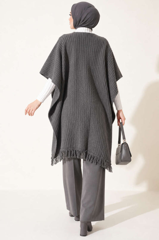 Fringed Knit Shoulder Shawl Smoke Grey