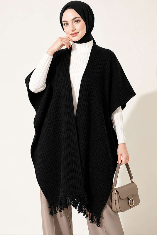 Écharpe À Épaules En Tricot Noir À Franges