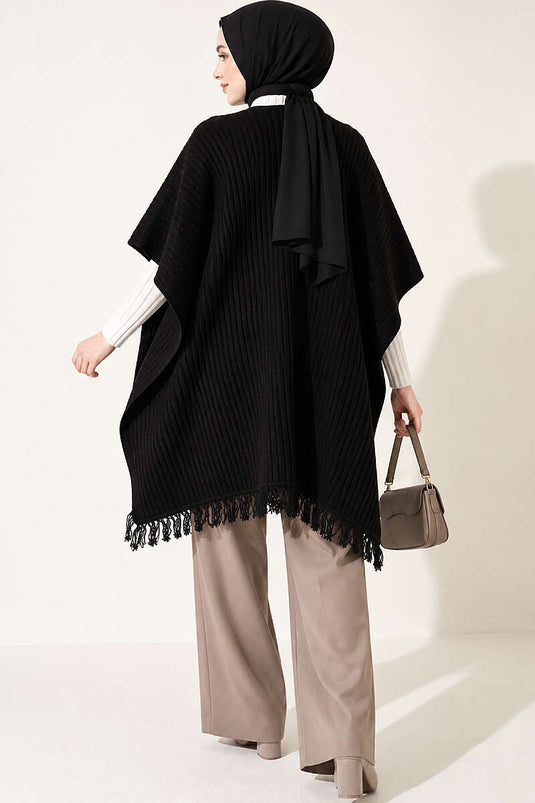 Écharpe À Épaules En Tricot Noir À Franges