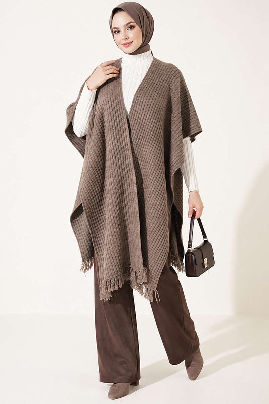Écharpe À Épaules En Tricot Avec Franges, Mink