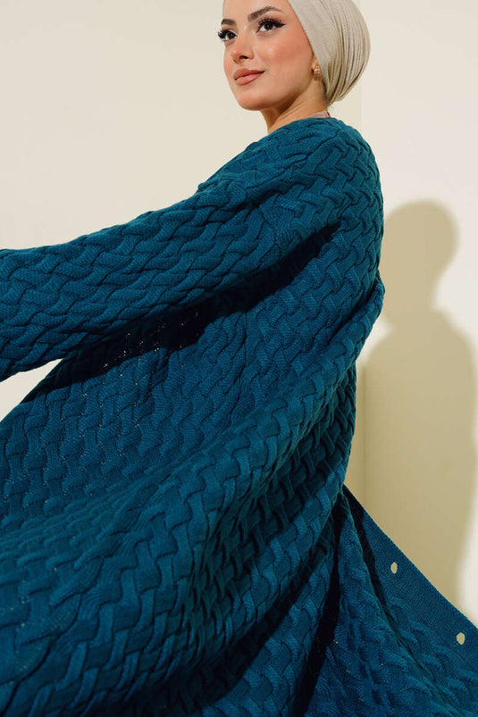 Basket Knit Long Cardigan with Buttons All Along Petrol