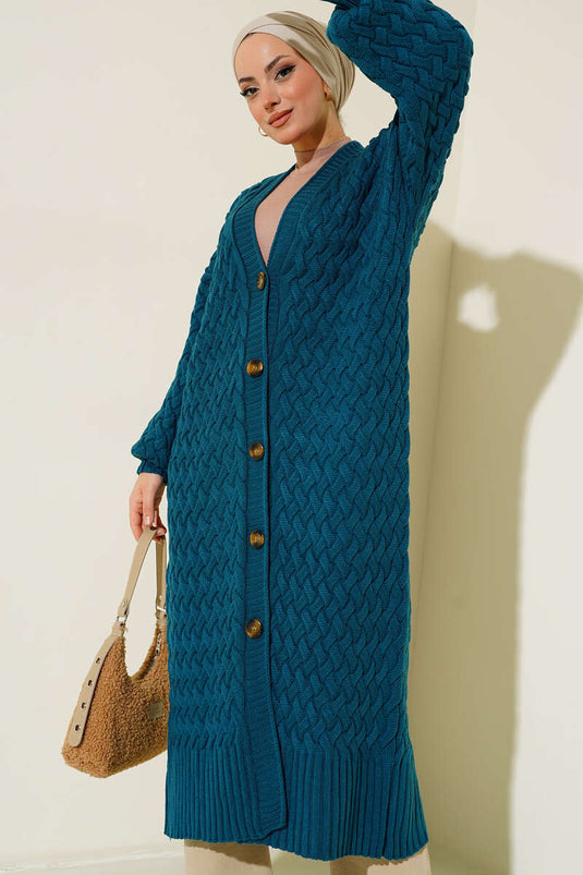 Cardigan long en maille panier avec boutons sur toute la longueur Pétrole