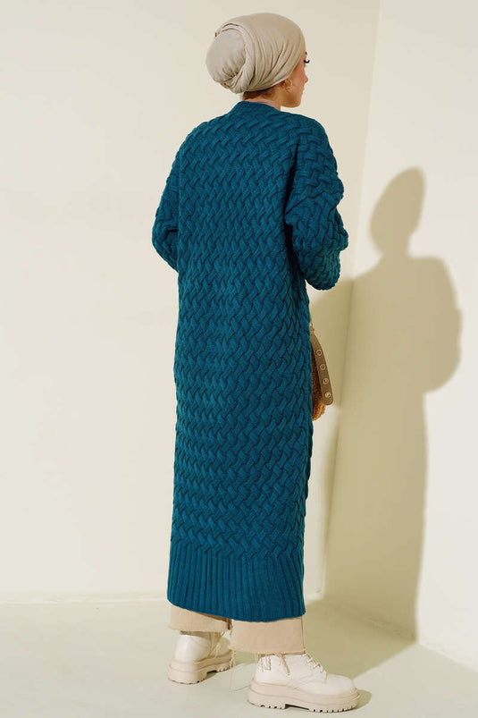 Cardigan long en maille panier avec boutons sur toute la longueur Pétrole