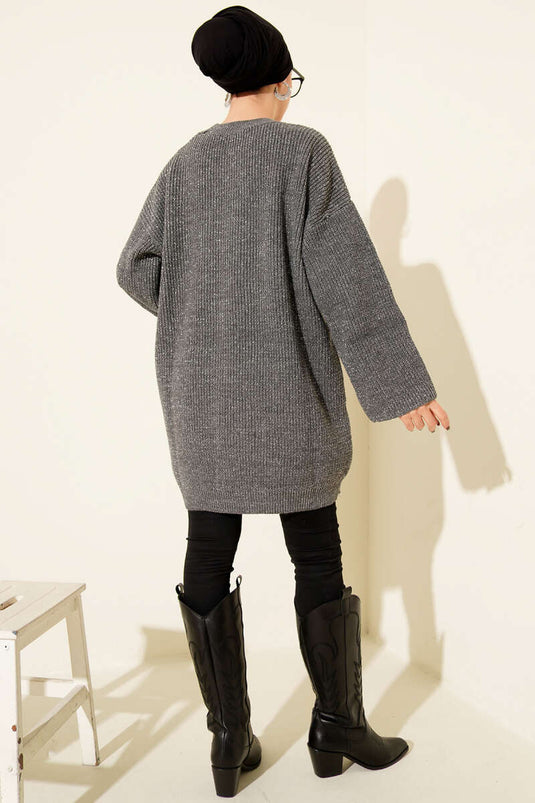 تونيك فضفاض بياقة دائرية مزين بالترتر، رمادي دخاني