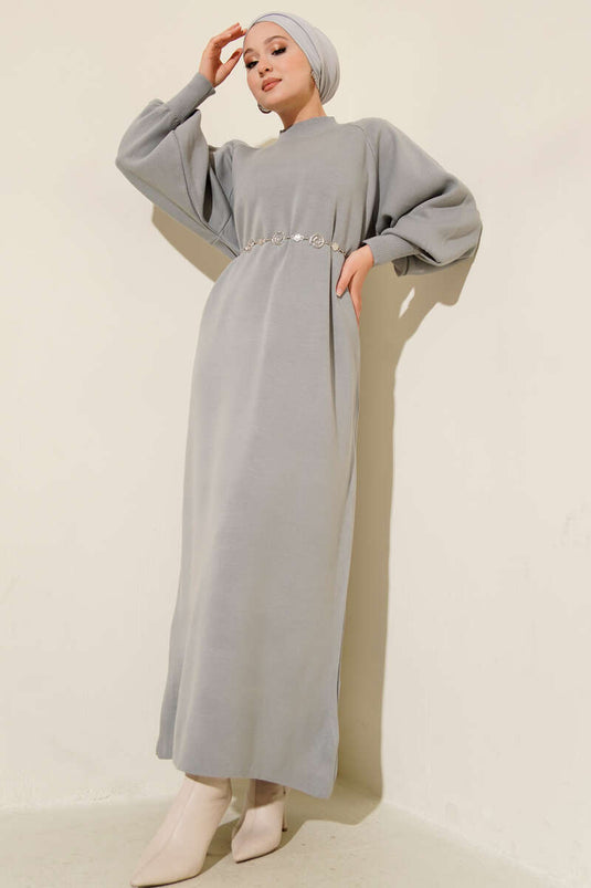 فستان محبوك بأكمام واسعة، رمادي داكن