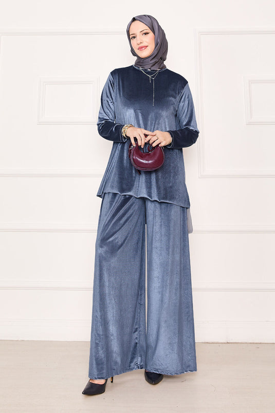 بدلة مخملية مريحة من قطعتين باللون الدخاني