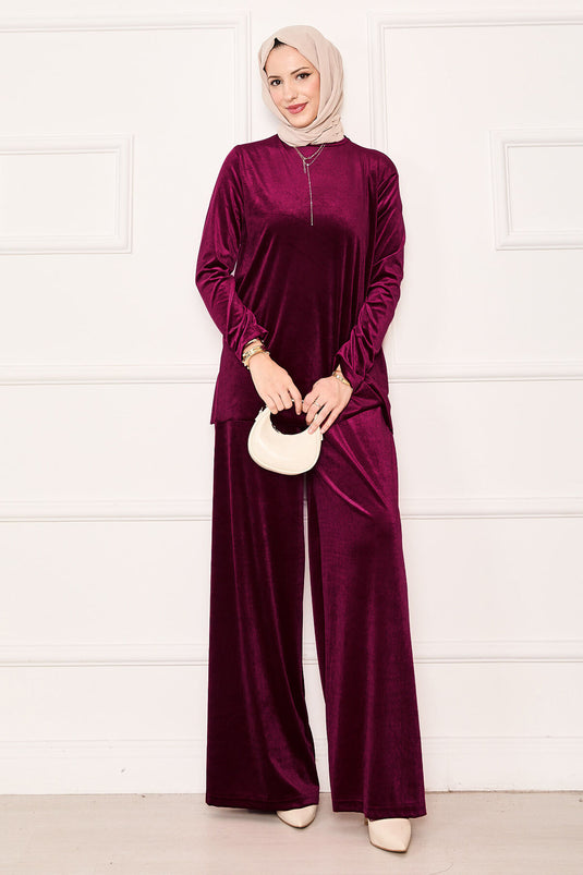 Costume deux pièces confortable en velours fuchsia