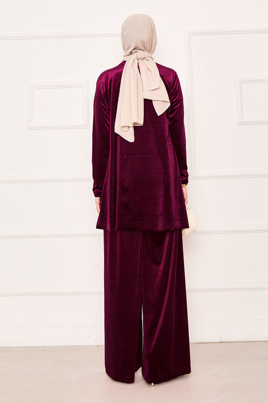 Costume deux pièces confortable en velours fuchsia