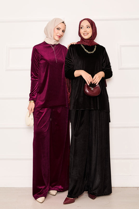 Costume deux pièces confortable en velours fuchsia