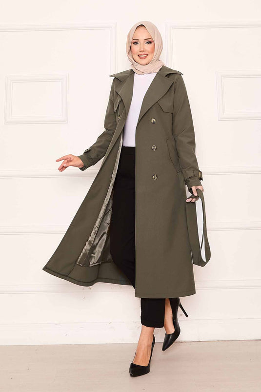 Trench-coat confortable à double boutonnage et manches réglables, kaki
