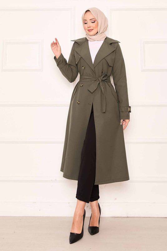 Rahat Kalıp Kruvaze Düğme Detaylı Kolları Ayarlanan Trençkot Haki