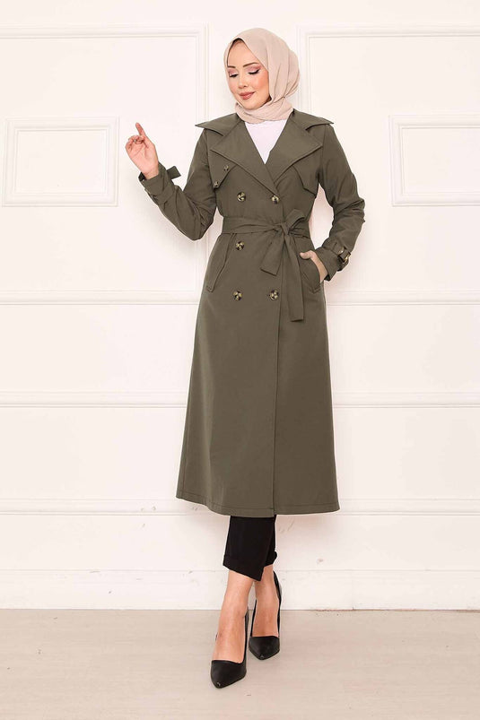 Trench-coat confortable à double boutonnage et manches réglables, kaki