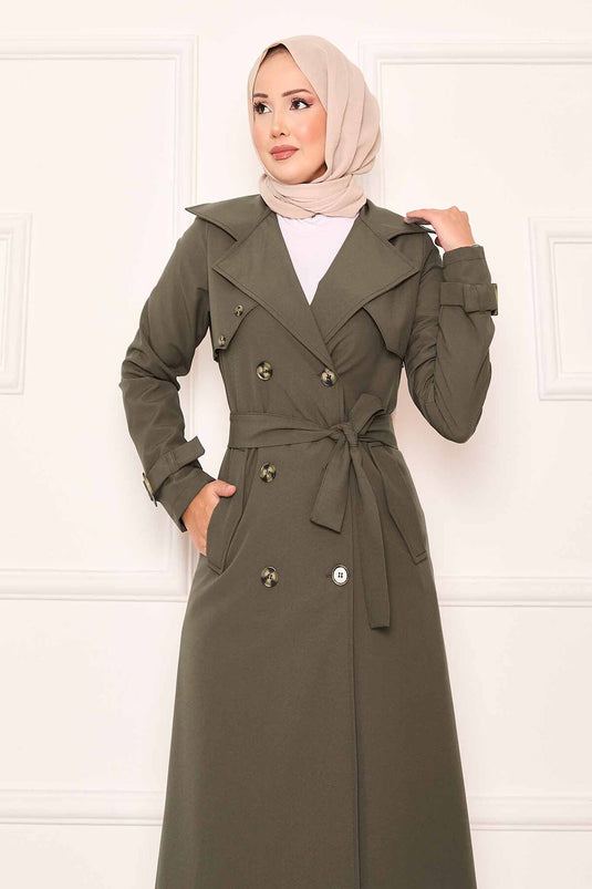 Trench-coat confortable à double boutonnage et manches réglables, kaki